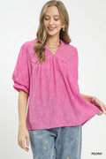 Umgee Textured Lace Trim V-Neck Boho Blouse
