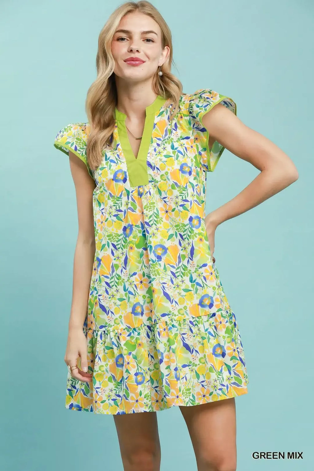 Umgee Floral Flutter Sleeve Tiered Mini Dress