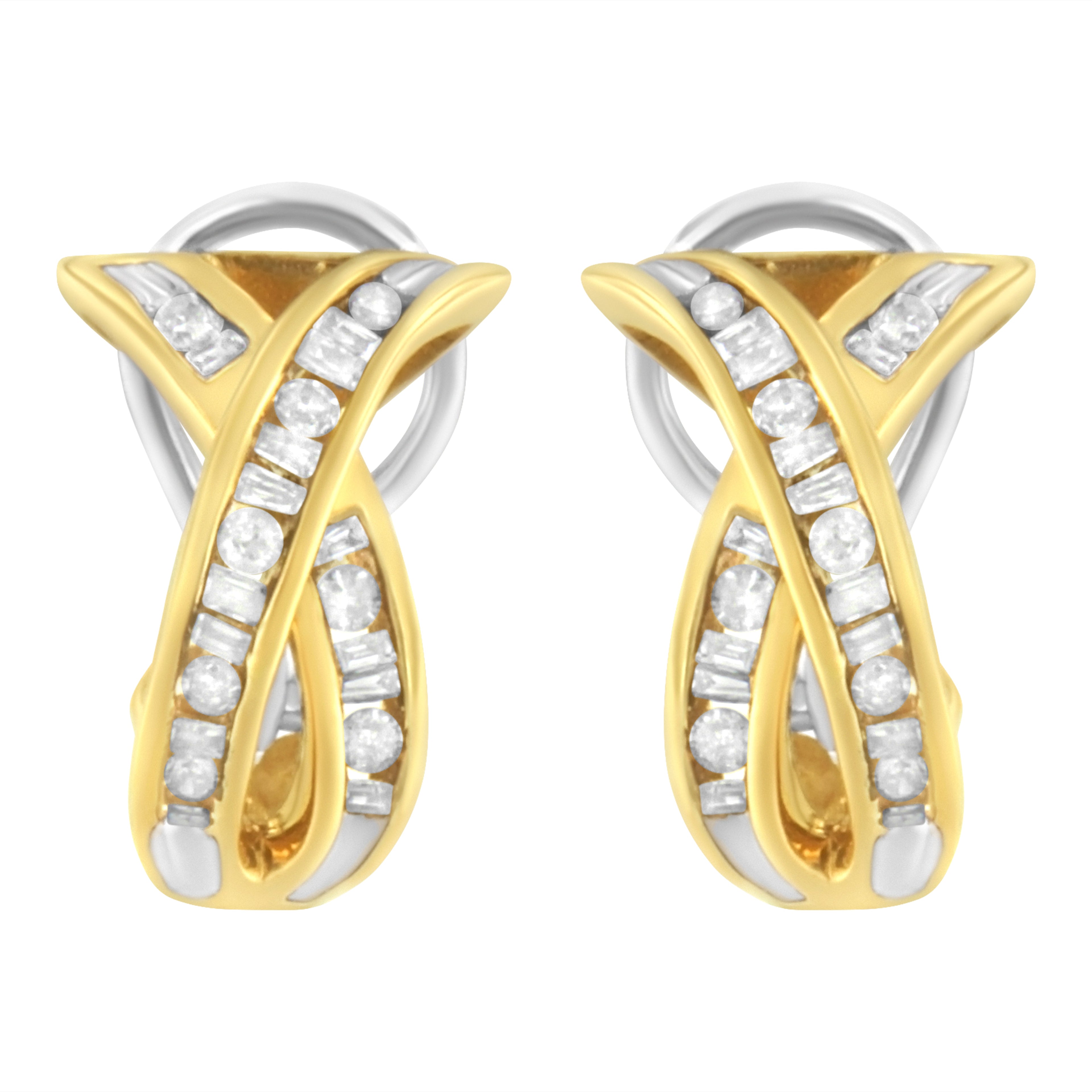 14K Yellow and White Gold 1/2 TDW "X" Shape Cross Over Diamond Hoop Earrings (I-J, I2-I3)