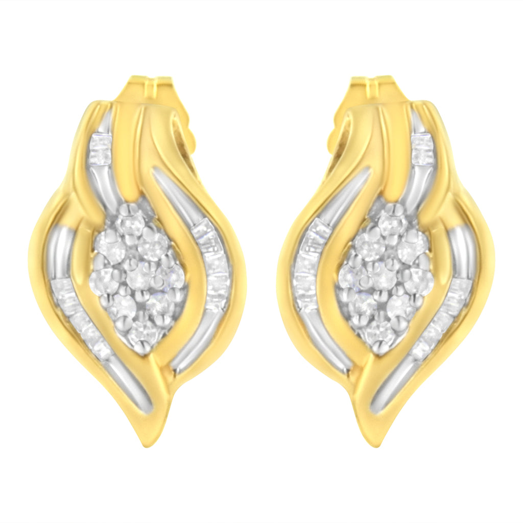 10K Yellow Gold 1/3 cttw Round-Cut Diamond Cluster and Swirl Stud Earrings (J-K Clarity, I2-I3 Color)