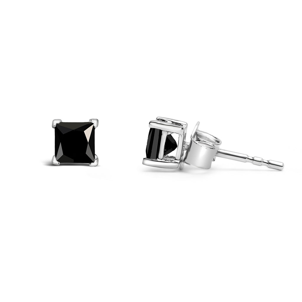 14K White Gold 1/2 Cttw Princess-Cut Treated Black Diamond Classic 4-Prong Stud Earrings with Push Backs (Fancy Color-Enhanced, I2-I3 Clarity)