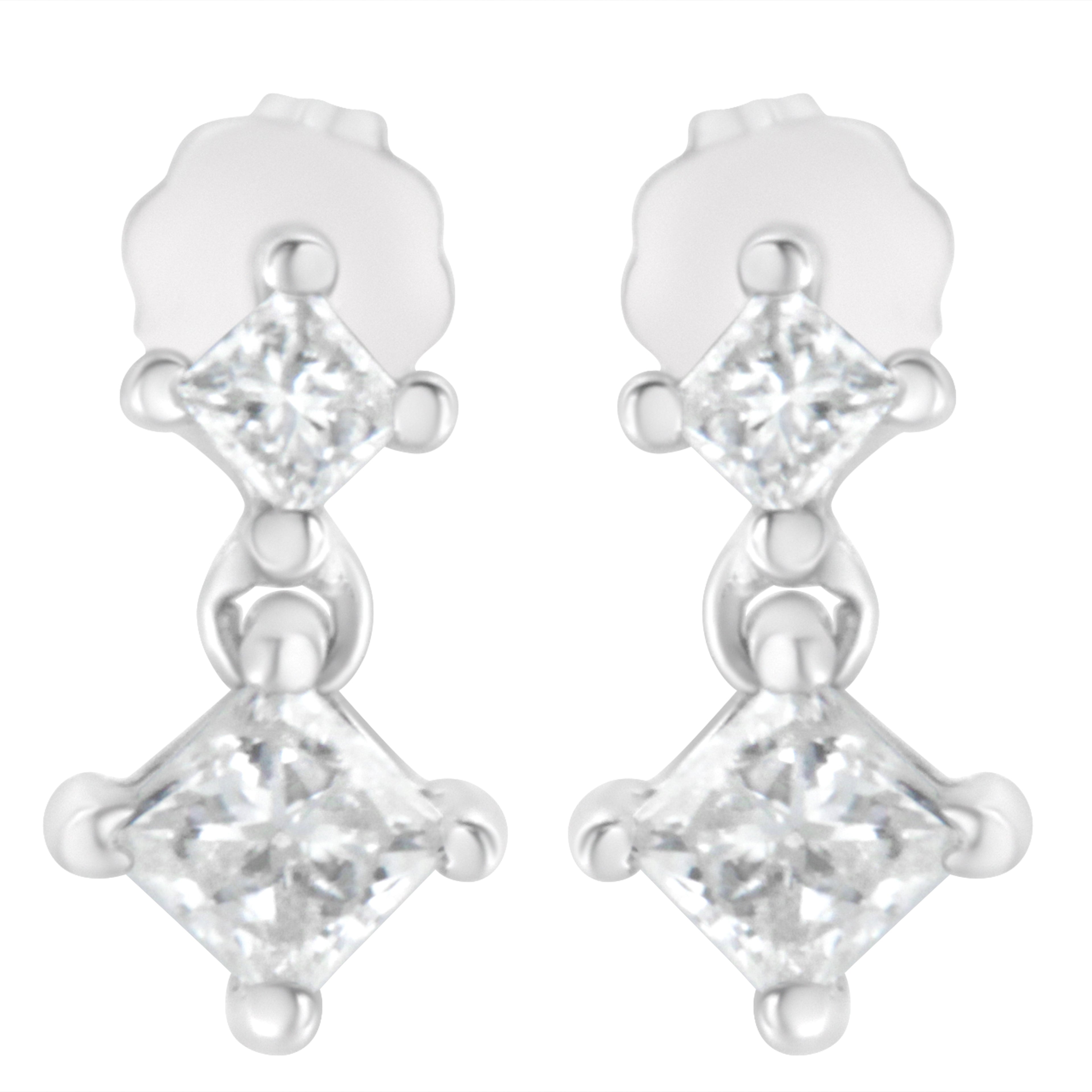 14K White Gold 3/4 cttw Double Diamond Princess-Cut Stud Earrings (I-J Clarity, I2-I3 Color)