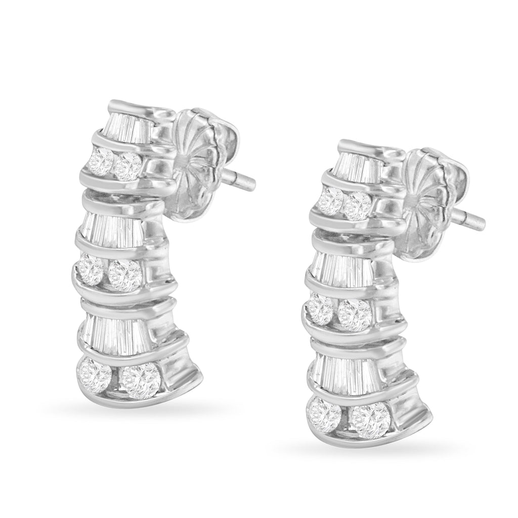 14K White Gold 7/8 cttw Baguette & Round Brilliant-Cut Diamond Dangle Multi Row Earrings (H-I Color, SI2-I1 Clarity)