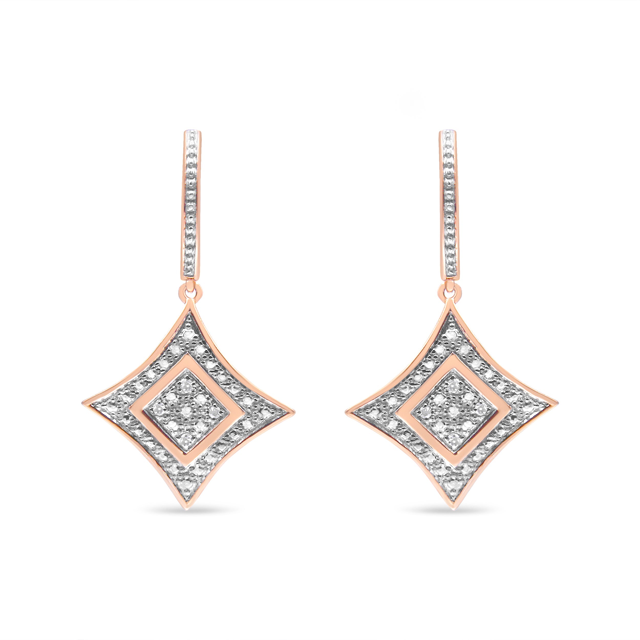10K Rose Gold Plated Sterling Silver Round Cut Diamond Cushion Dangle Earrings (0.04 cttw, H-I Color, I2-I3 Clarity)