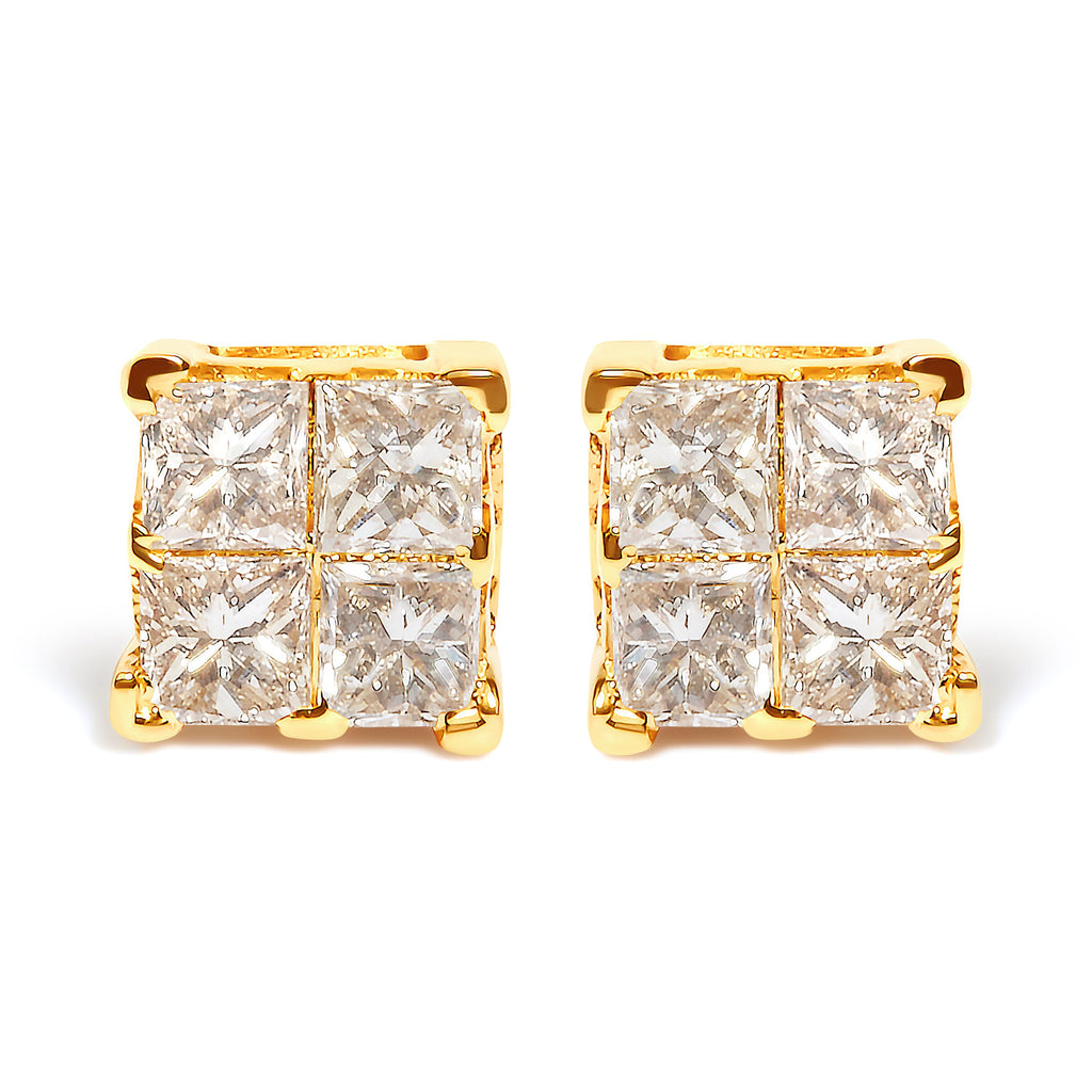 10K Yellow Gold 3/4 Cttw Invisible Set Princess-Cut Diamond Composite Square Stud Earrings (I-J Color, I2-I3 Clarity)