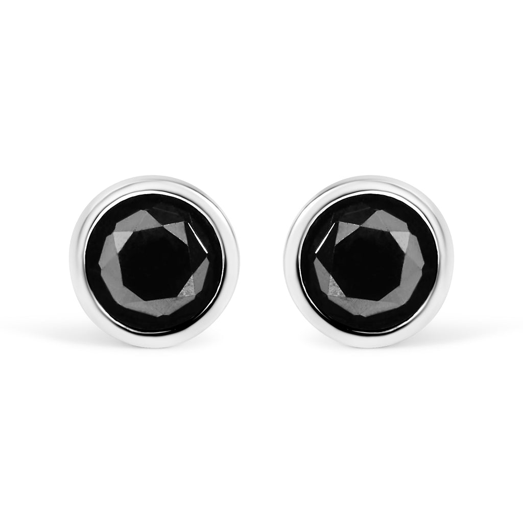 14K White Gold 1/2 Cttw Round Brilliant-Cut Black Diamond Bezel-Set Stud Earrings with Screw Backs (Fancy Color-Enhanced, I2-I3 Clarity)