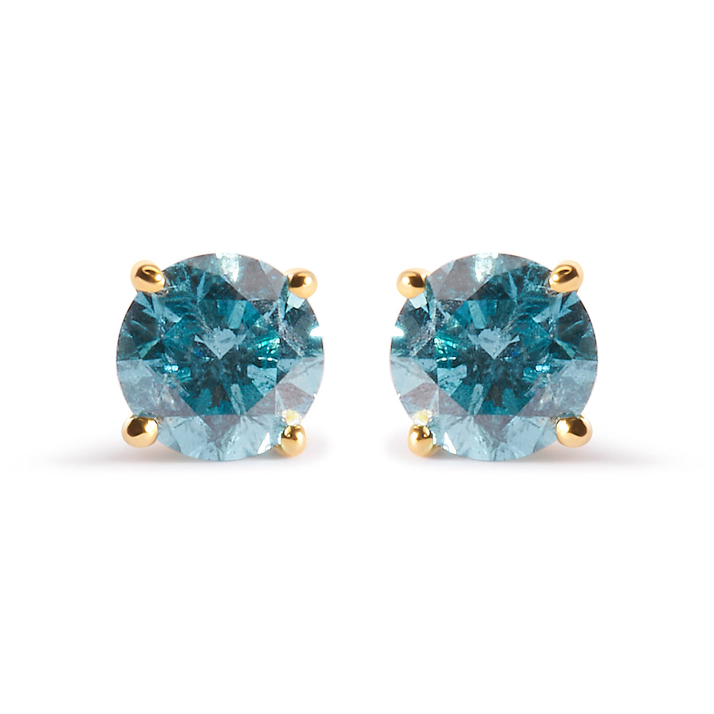 14K Yellow Gold 1.0 Cttw Treated Aqua Blue Diamond Classic Solitaire Stud Earrings (Aqua Blue Color, I2-I3 Clarity)