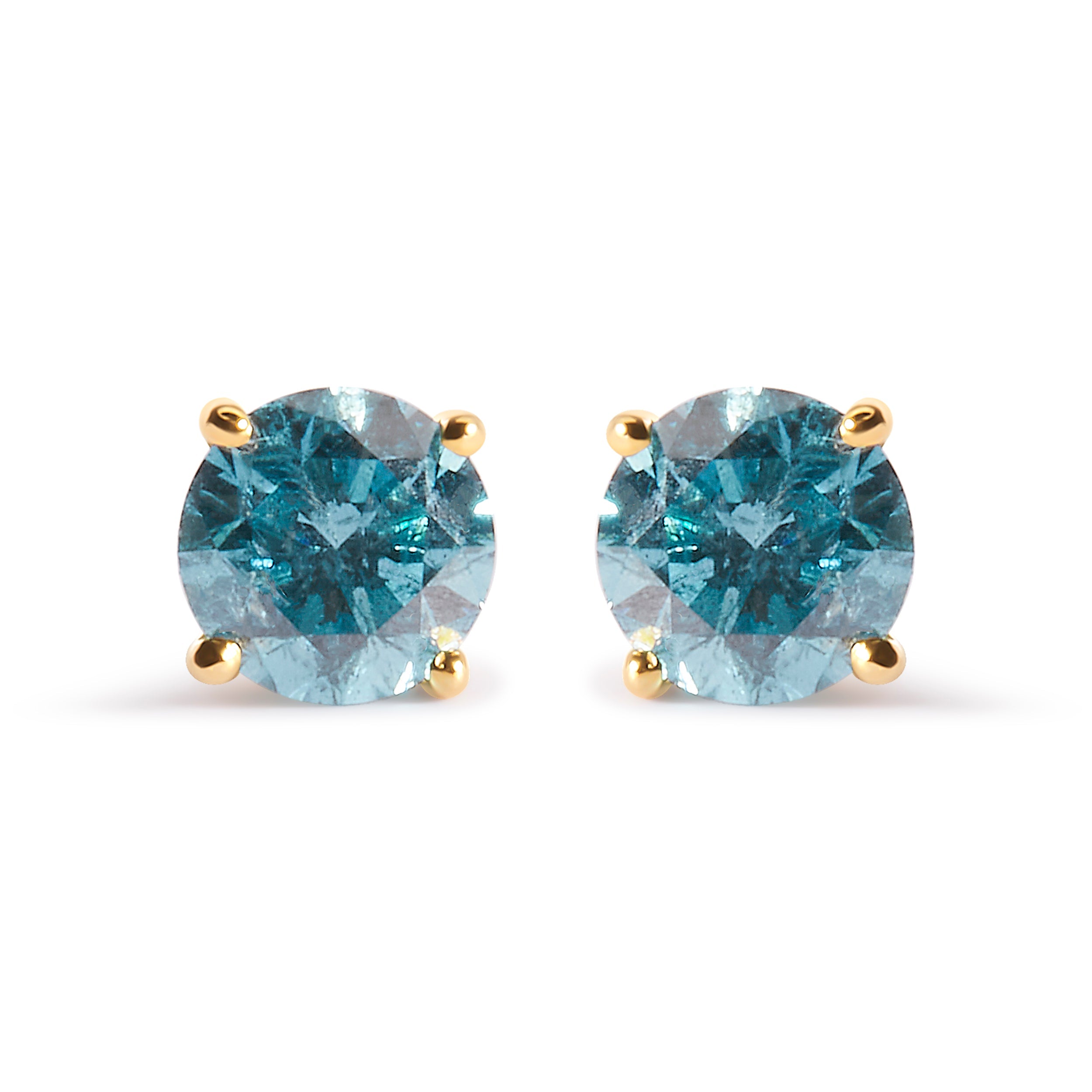 14K Yellow Gold 1.0 Cttw Treated Aqua Blue Diamond Classic Solitaire Stud Earrings (Aqua Blue Color, I2-I3 Clarity)