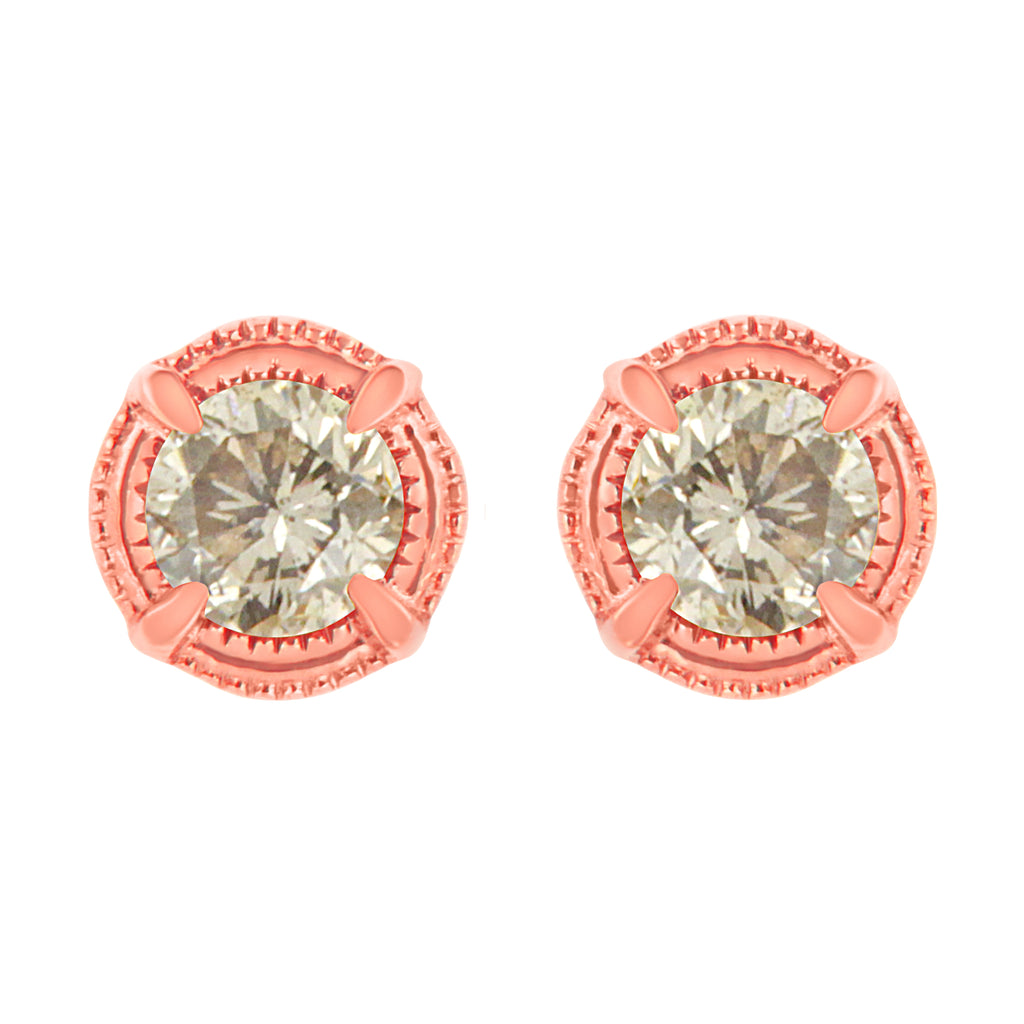 14K Yellow Gold Plated .925 Sterling Silver 1.0 Cttw Round Brilliant Cut Diamond Solitaire Milgrain Stud Earrings (K-L Color, I2-I3 Clarity)