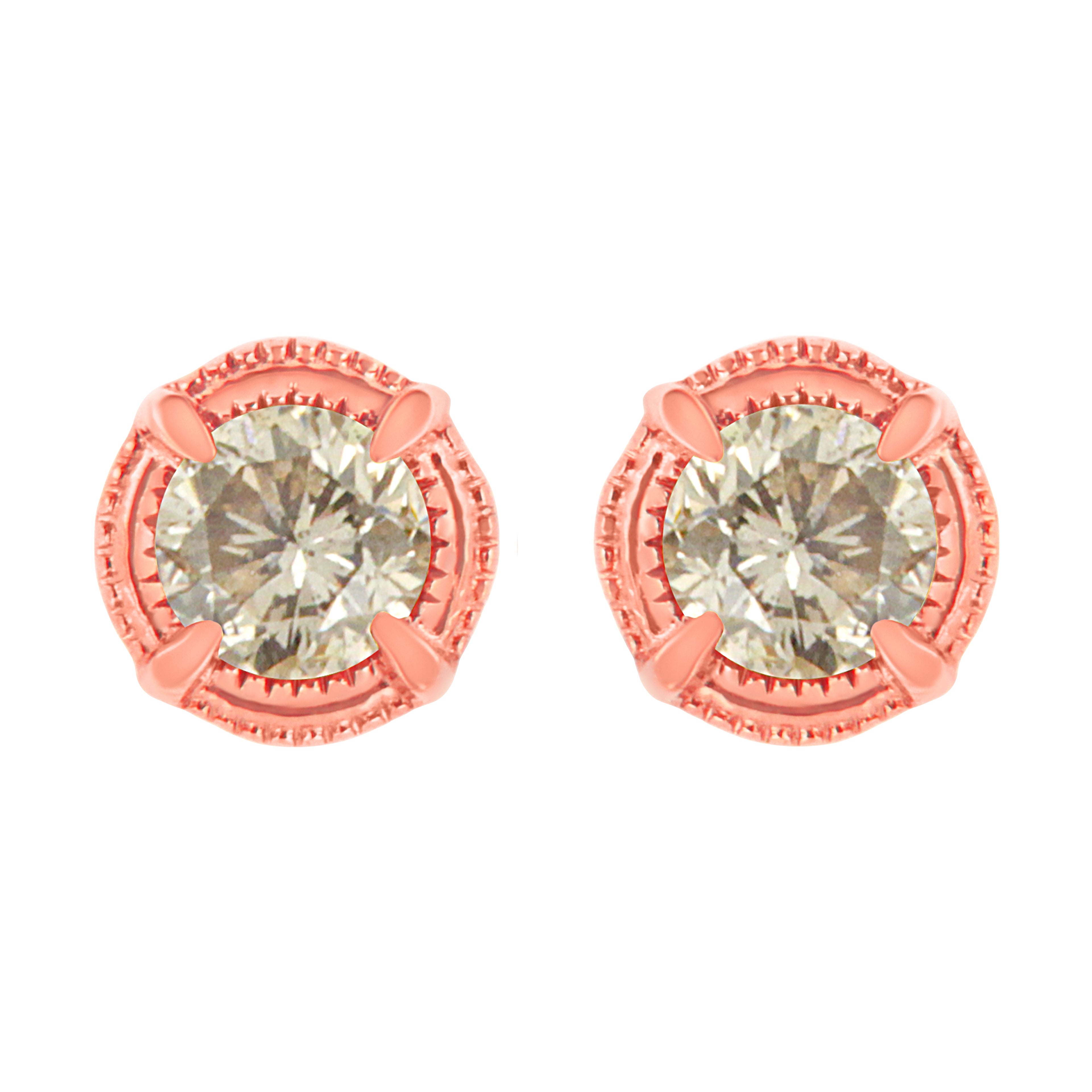 14K Yellow Gold Plated .925 Sterling Silver 1.0 Cttw Round Brilliant Cut Diamond Solitaire Milgrain Stud Earrings (K-L Color, I2-I3 Clarity)