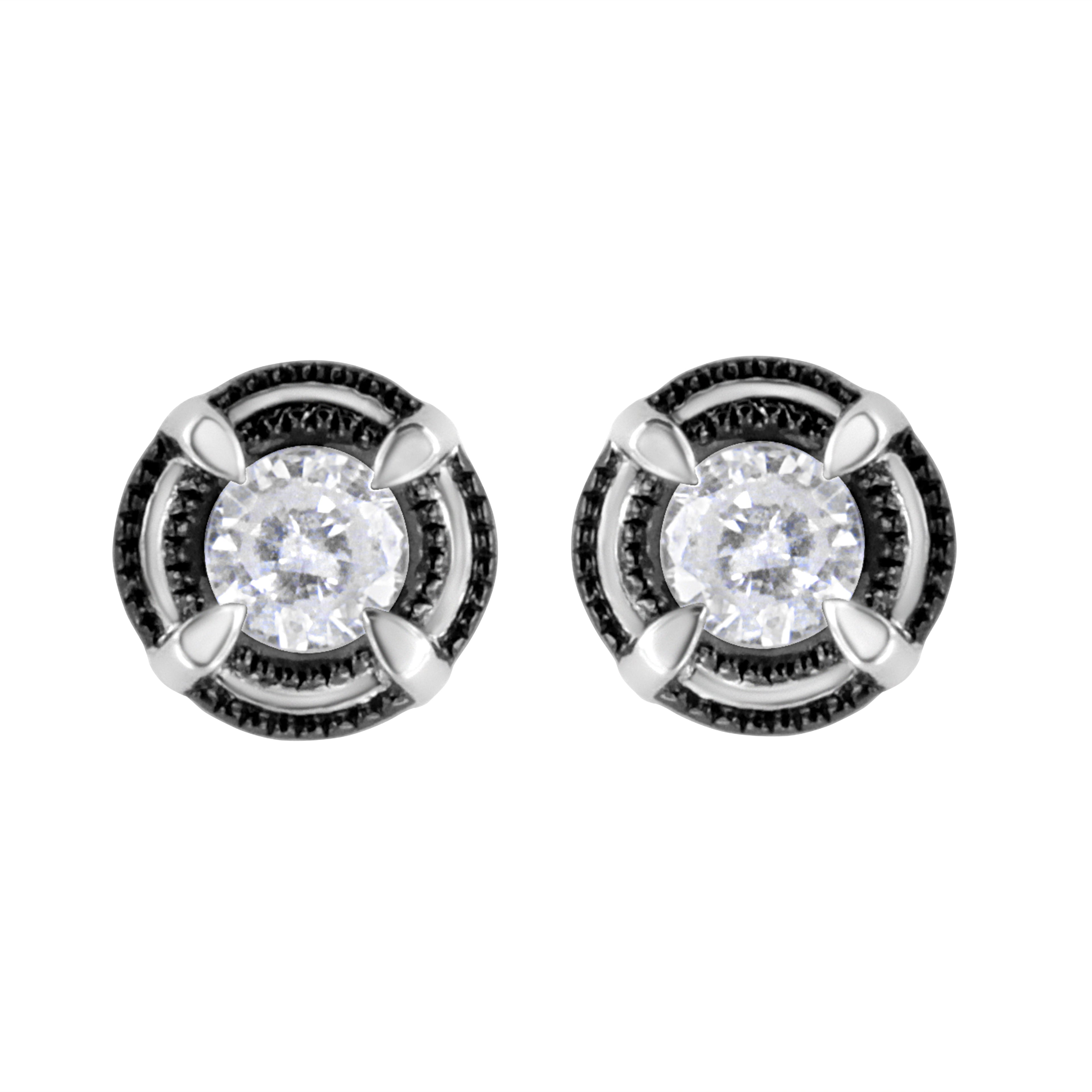 Black Rhodium Plated .925 Sterling Silver Round 1-1/2 cttw Diamond Double Halo 4-Prong Solitaire Milgrain Stud Earrings (H-I Color, I2-I3 Clarity)