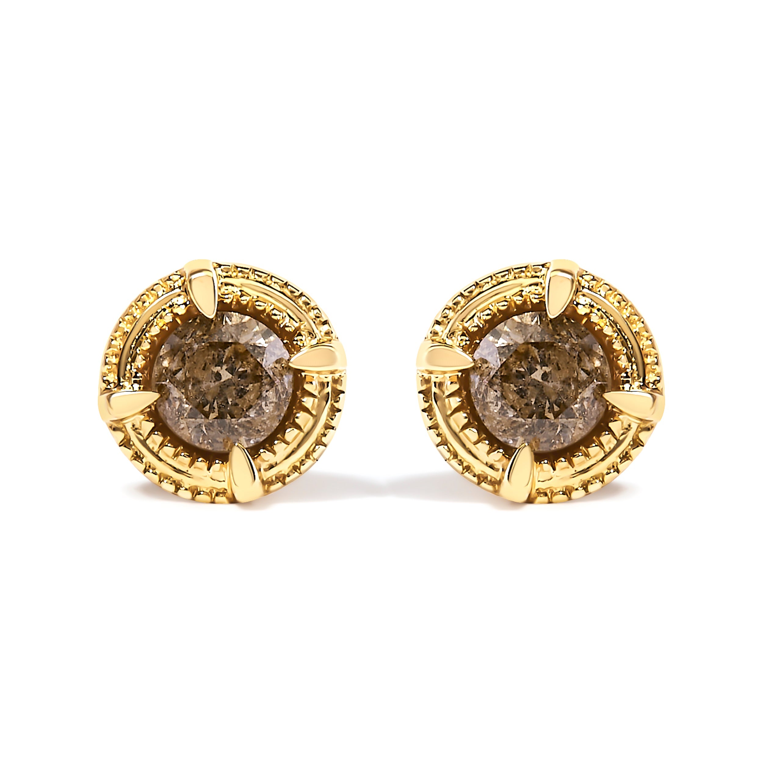 14K Yellow Gold Plated .925 Sterling Silver 1.0 Cttw Round Brilliant Cut Diamond Solitaire Milgrain Stud Earrings (K-L Color, I2-I3 Clarity)