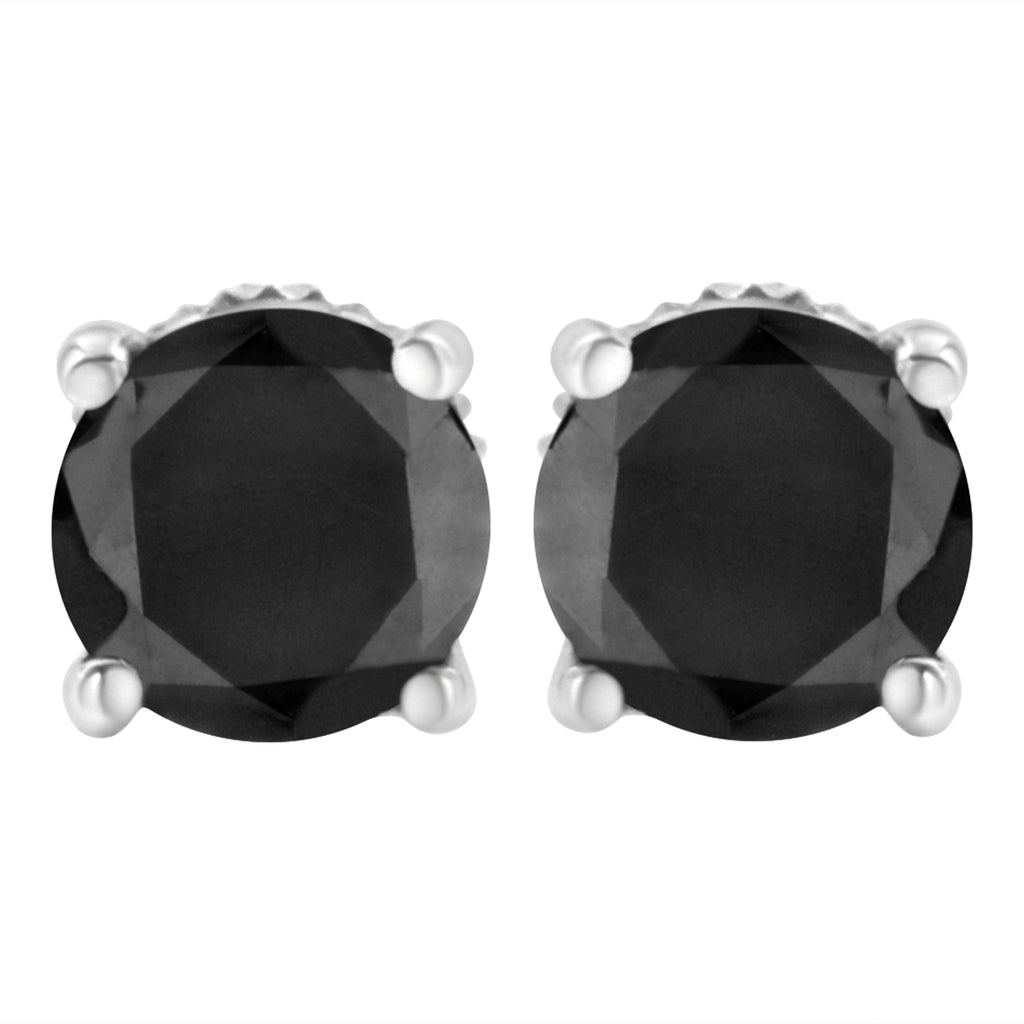.925 Sterling Silver 2.00 Cttw Round Brilliant-Cut Black Diamond Classic 4-Prong Stud Earrings with Screw Backs (Fancy Color-Enhanced, I2-I3 Clarity)