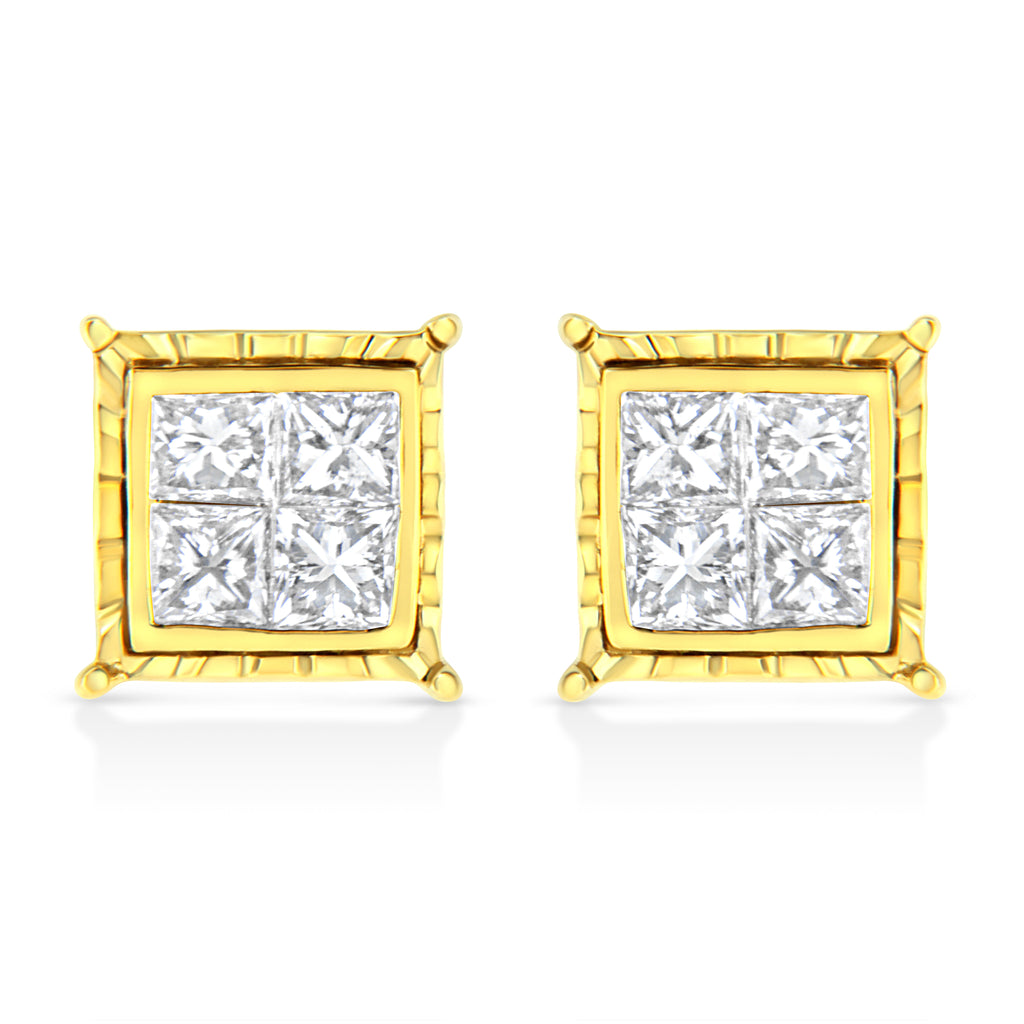 14K Yellow Gold 1 Cttw Princess Cut Diamond Square Stud Earrings