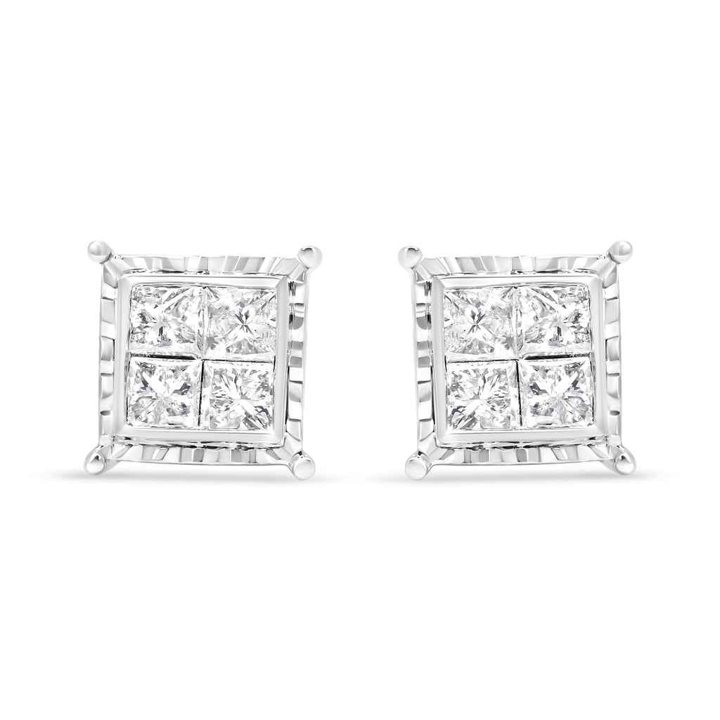14K White Gold 1 1/2 Cttw Invisible Set Princess-Cut Diamond Contemporary Wavy Quad Stud Earrings (I-J Color, I1-I2 Clarity)