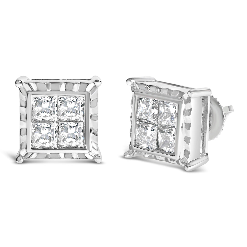 14K White Gold 2.00 Cttw Invisible Set Princess-Cut Lab Grown Diamond Wavy Quad Stud Earrings