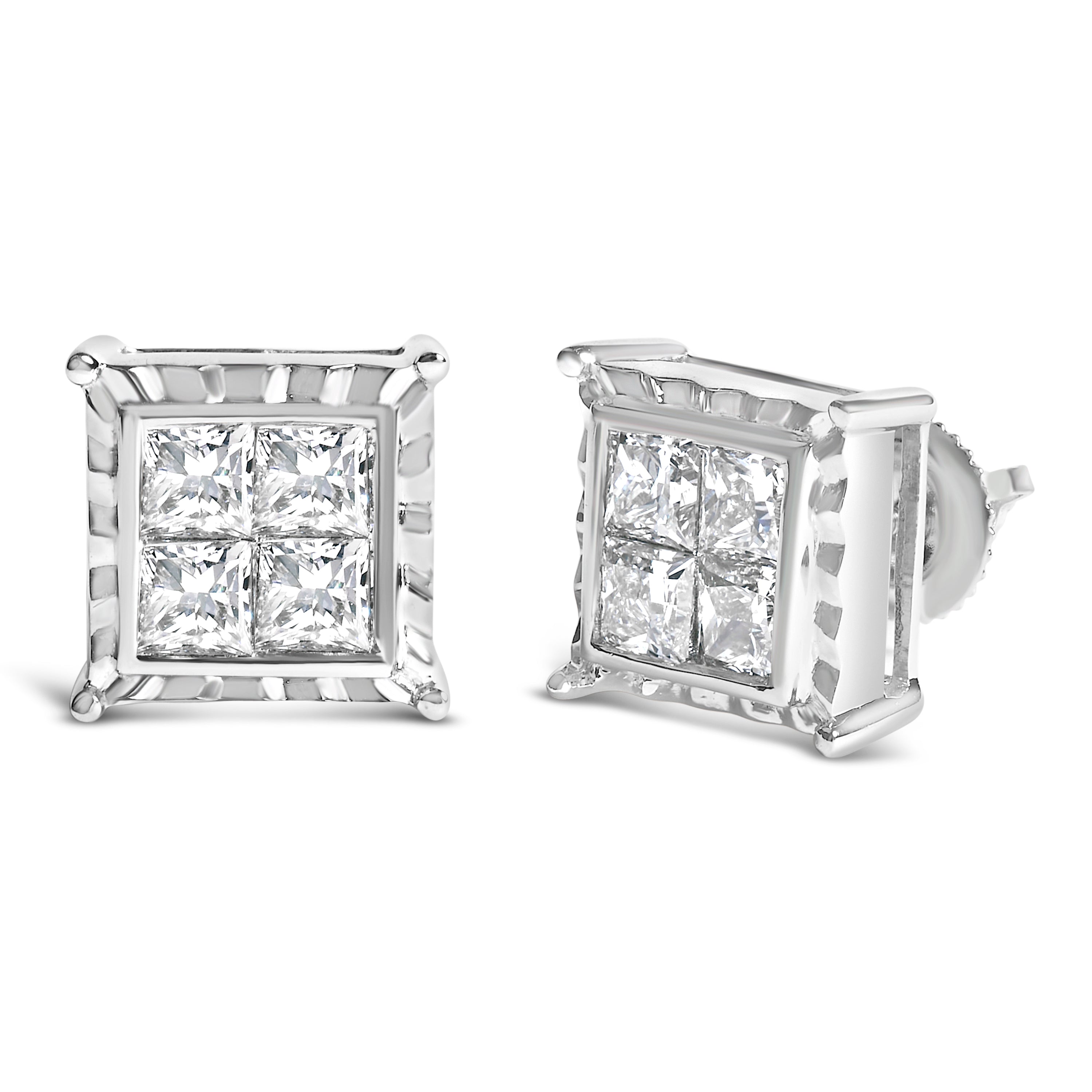 14K White Gold 2.00 Cttw Invisible Set Princess-Cut Lab Grown Diamond Wavy Quad Stud Earrings