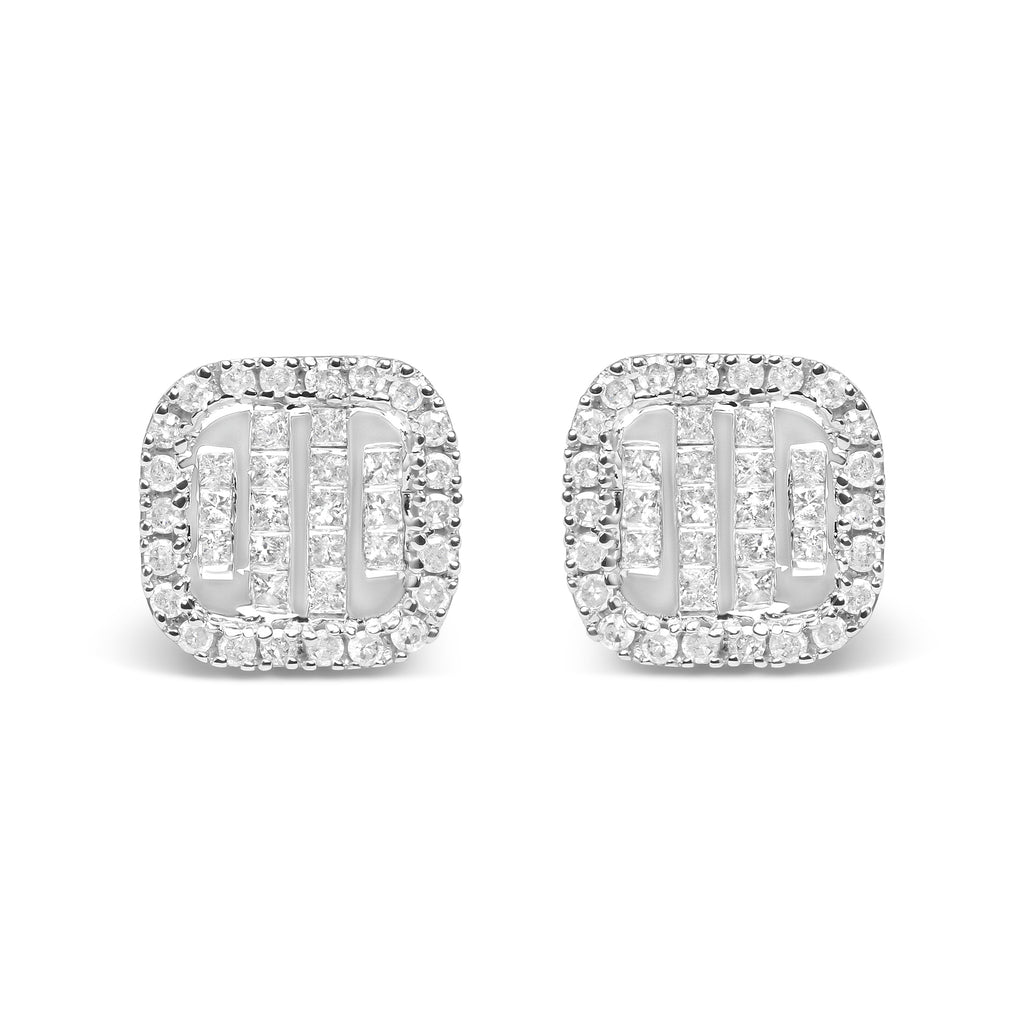 10K White Gold 7/8 Cttw Diamond Princess Composite and Halo Stud Earrings (I-J Color, I1-I2 Clarity)