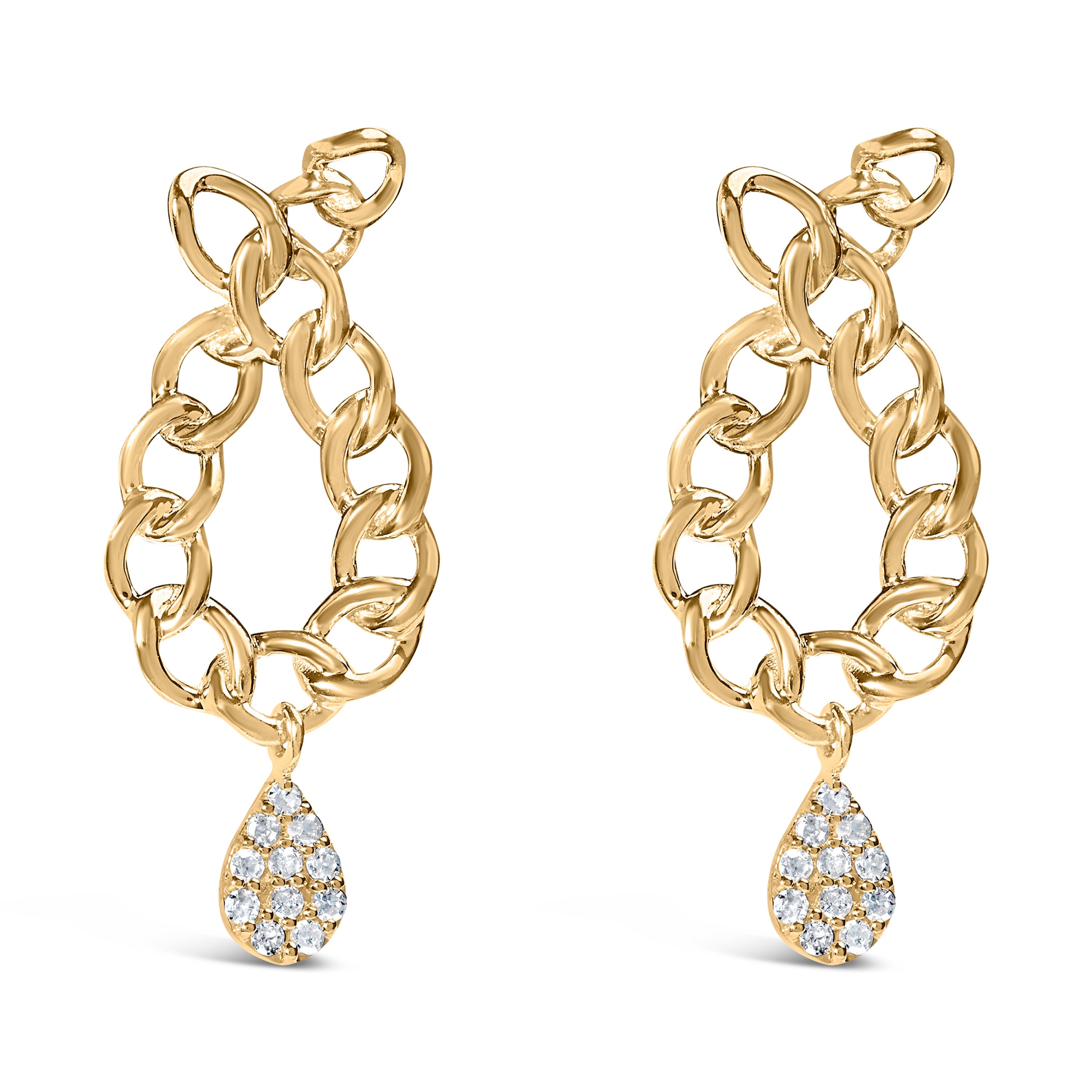 14K Yellow Gold Plated .925 Sterling Silver 1/10 Cttw Diamond Chain Link Teardrop Dangle Earrings (H-I Color, I1-I2 Clarity)