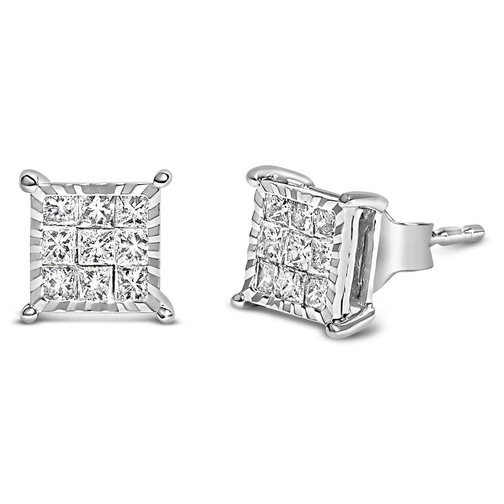 Sterling Silver 1/2 Cttw Princess Diamond Composite Square Stud Earrings
