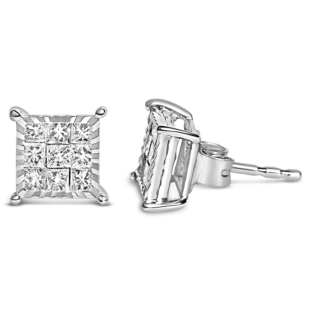 Sterling Silver 1/2 Cttw Princess Diamond Composite Square Stud Earrings