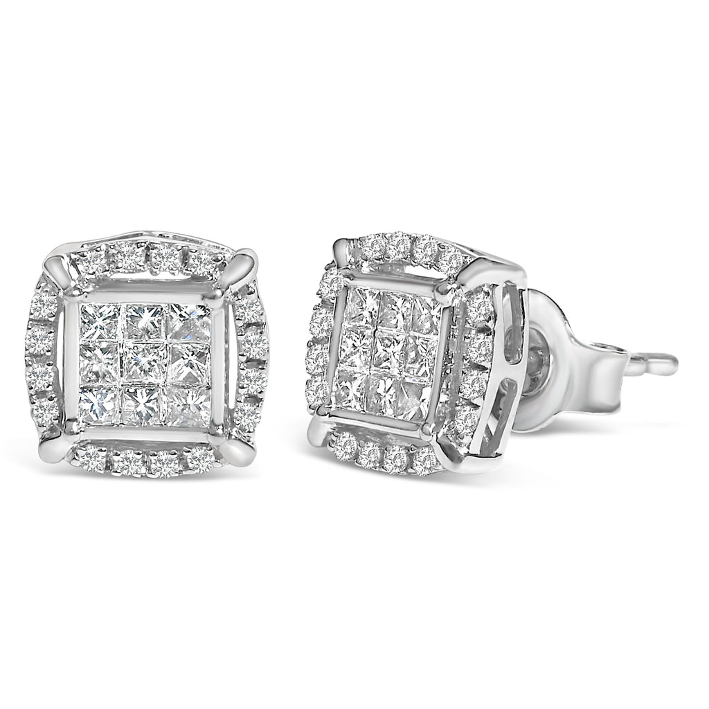 Sterling Silver 1/2 Cttw Princess Cut Diamond Composite and Halo Stud Earrings