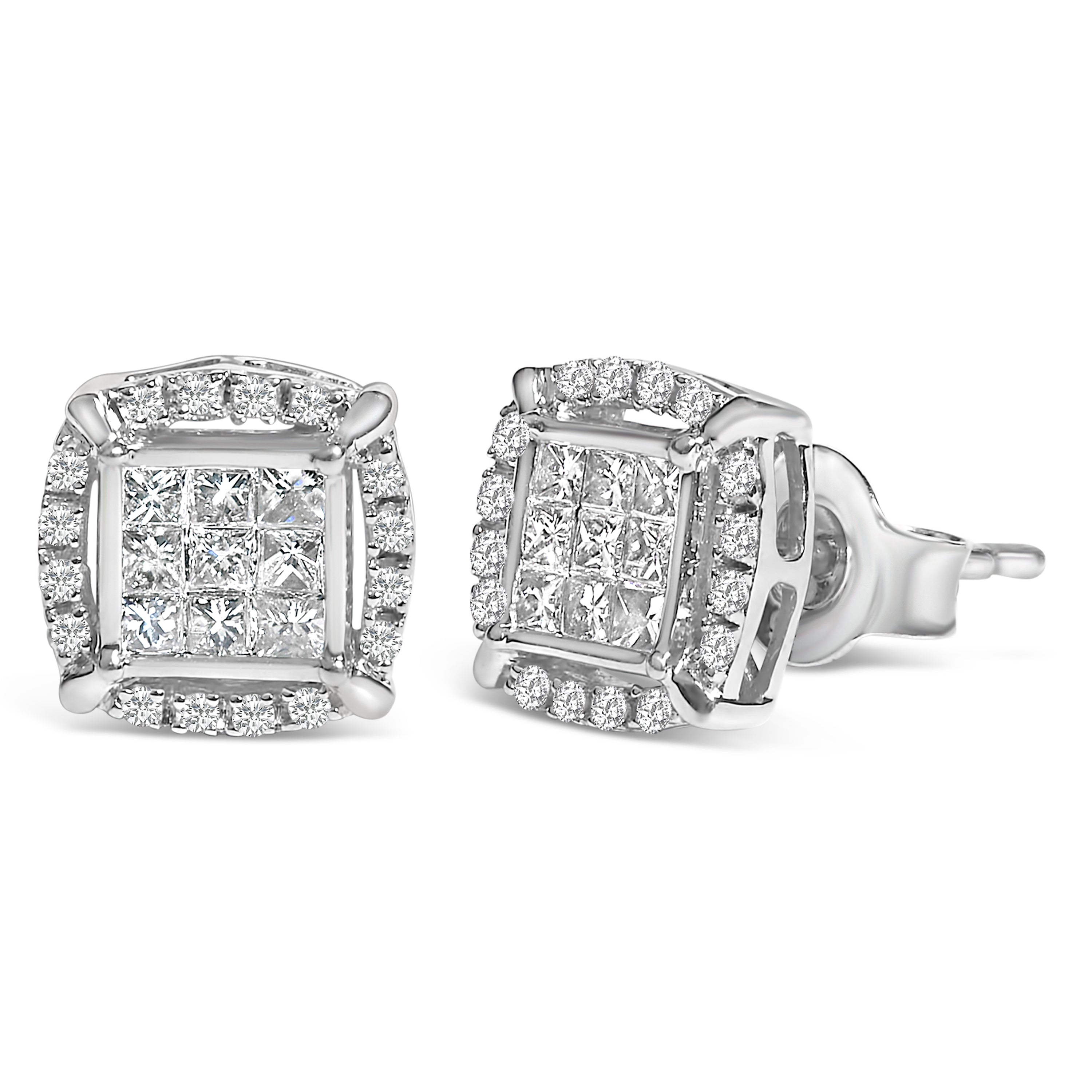 Sterling Silver 1/2 Cttw Princess Cut Diamond Composite and Halo Stud Earrings