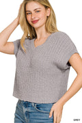 Zenana Textured Knit V-Neck Cropped Sweater