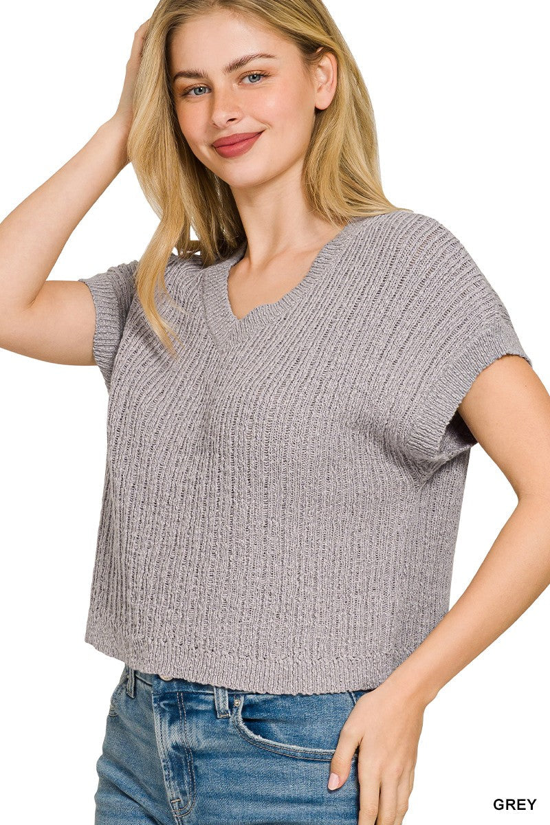 Zenana Textured Knit V-Neck Cropped Sweater