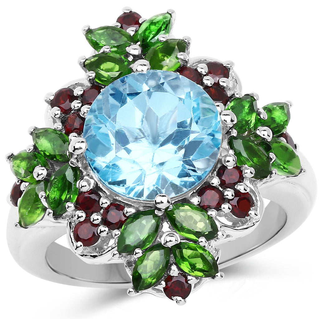 5.76 Carat Genuine Blue Topaz, Chrome Diopside & Garnet .925 Sterling Silver Ring