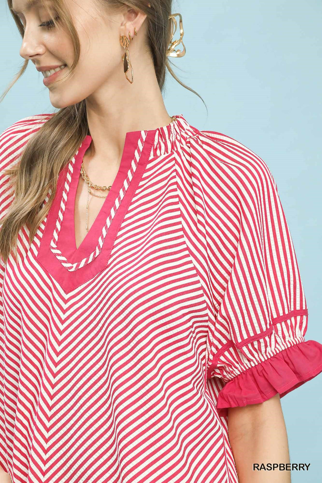 Umgee Stripe Ruffle Sleeve Split-Neck Blouse