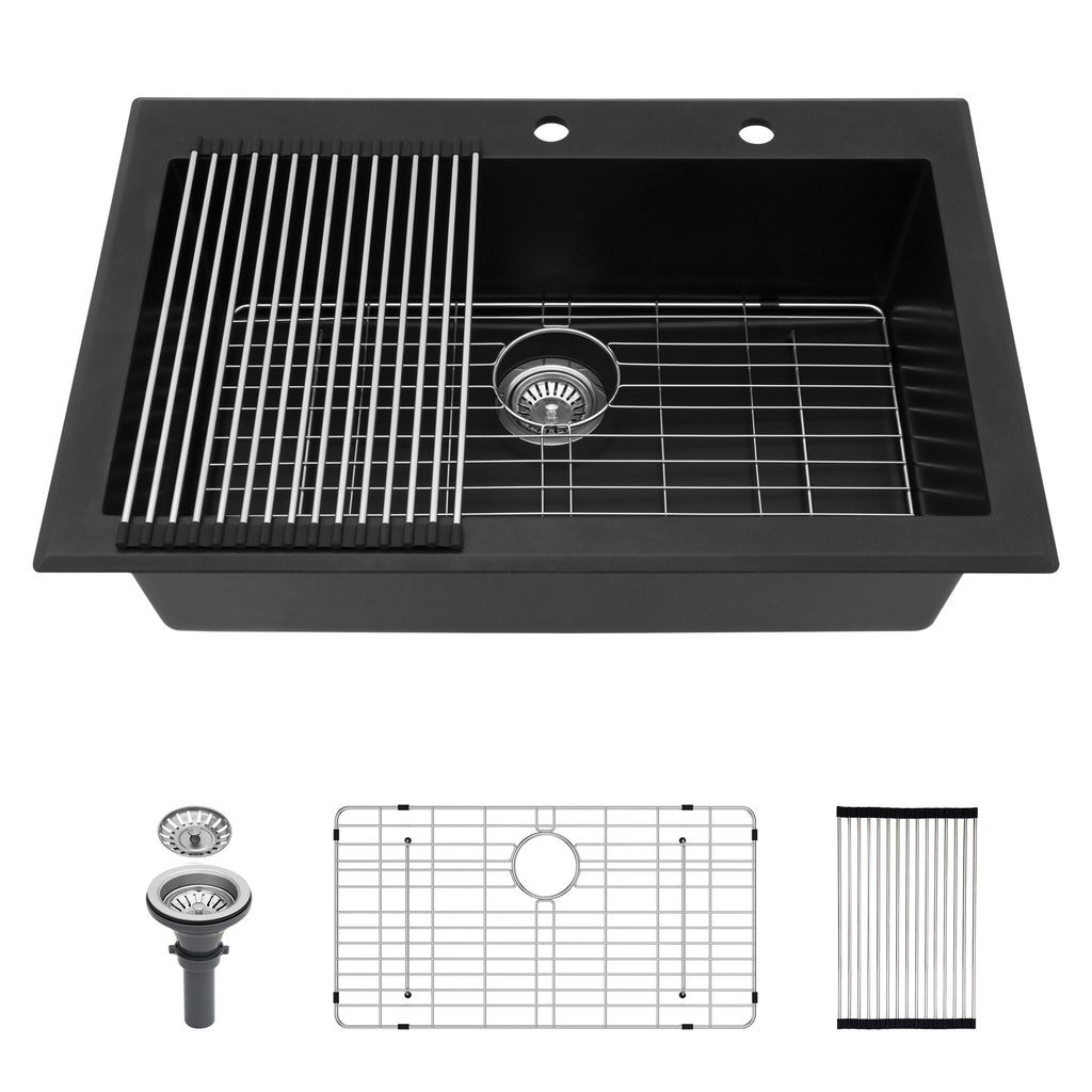 Quartz Kitchen Sink - 33' x 22' Black Granite Composite Drop-In Sink with Durable Construction