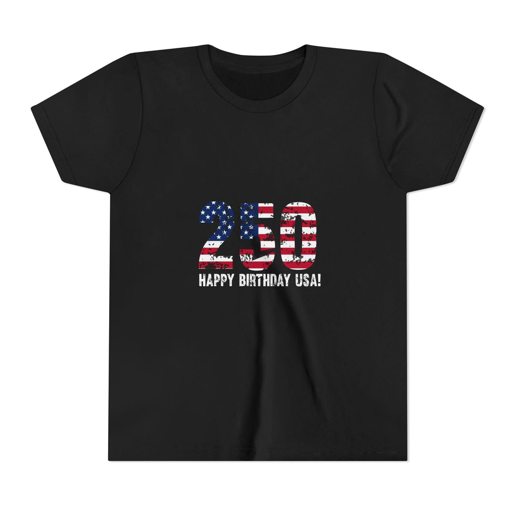 Youth Tee — "250 Happy Birthday USA!" Patriotic American Flag Kids Shirt