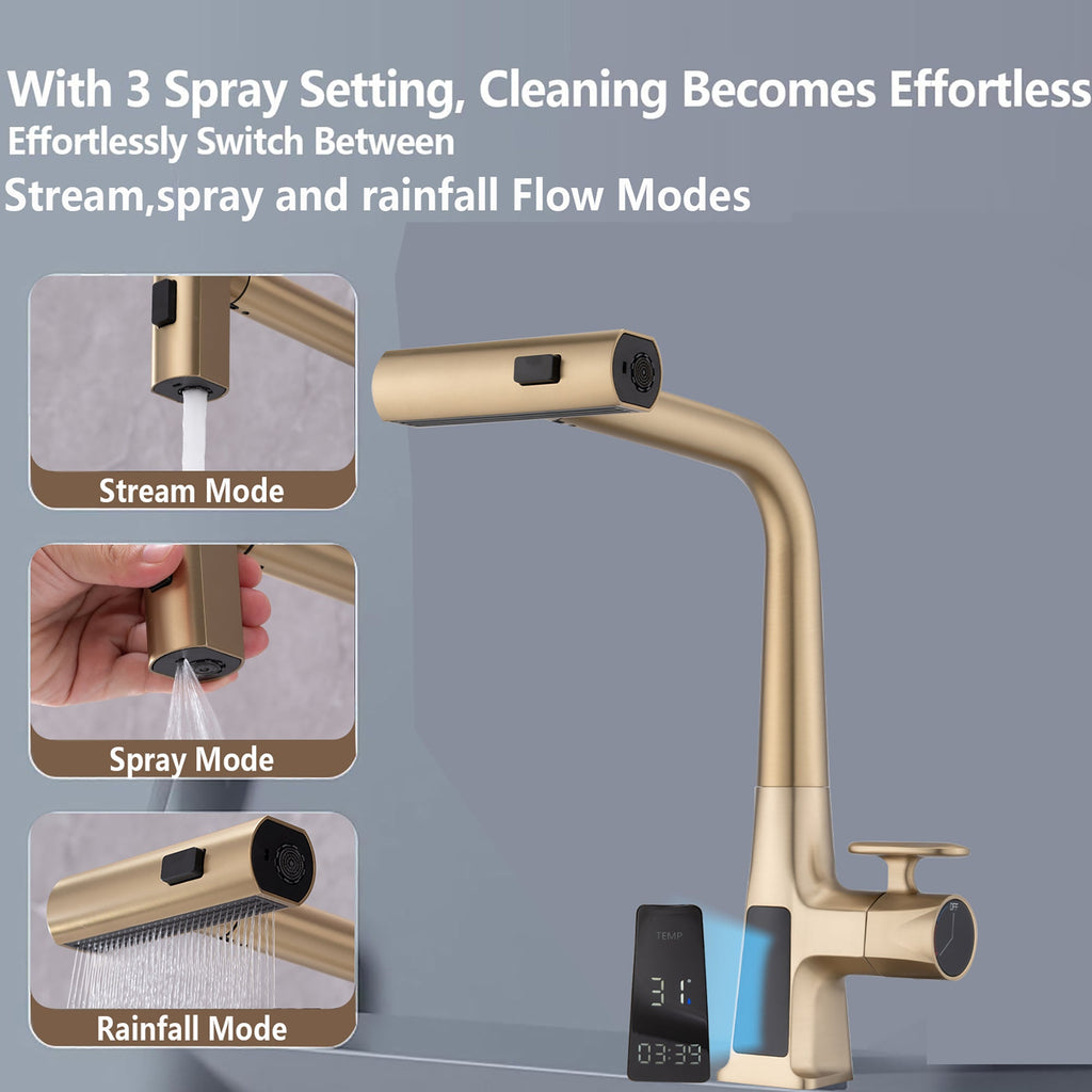 Brushed Gold Waterfall Kitchen Faucet with Temperature Display and Pull Down Sprayer