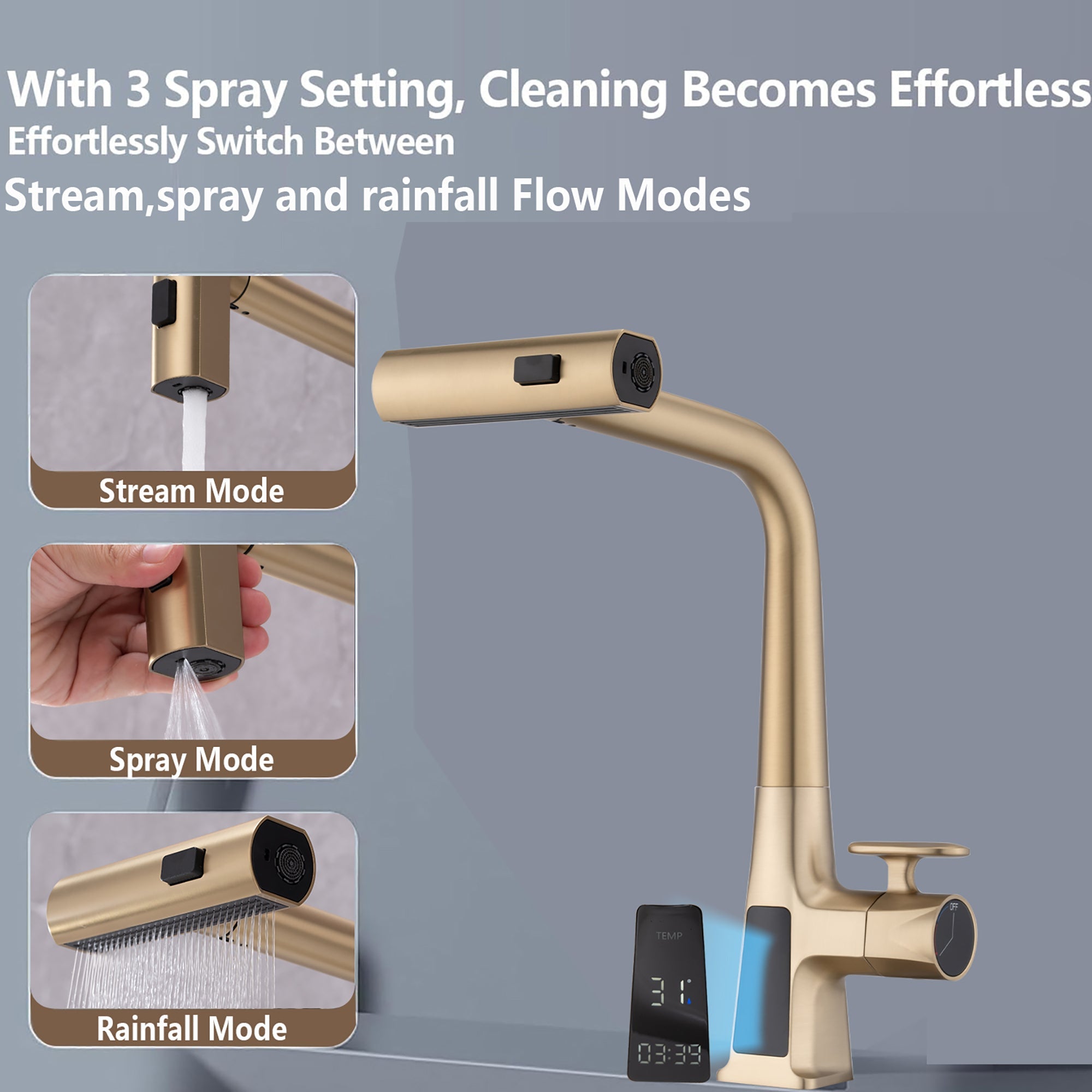 Brushed Gold Waterfall Kitchen Faucet with Temperature Display and Pull Down Sprayer