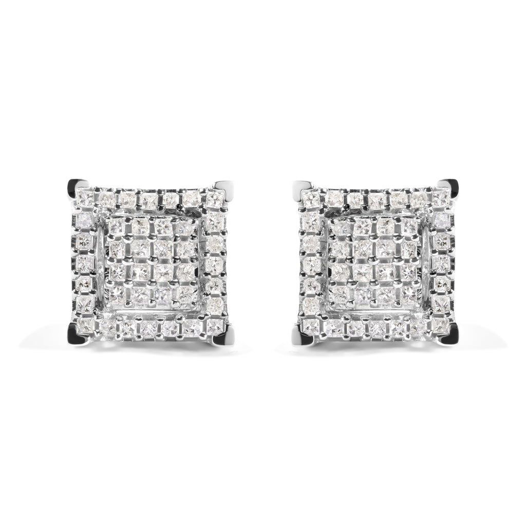 10K White Gold 1 1/4 Cttw Princess Diamond Composite Double Square and Halo Stud Earrings (I-J Color, I1-I2 Clarity)