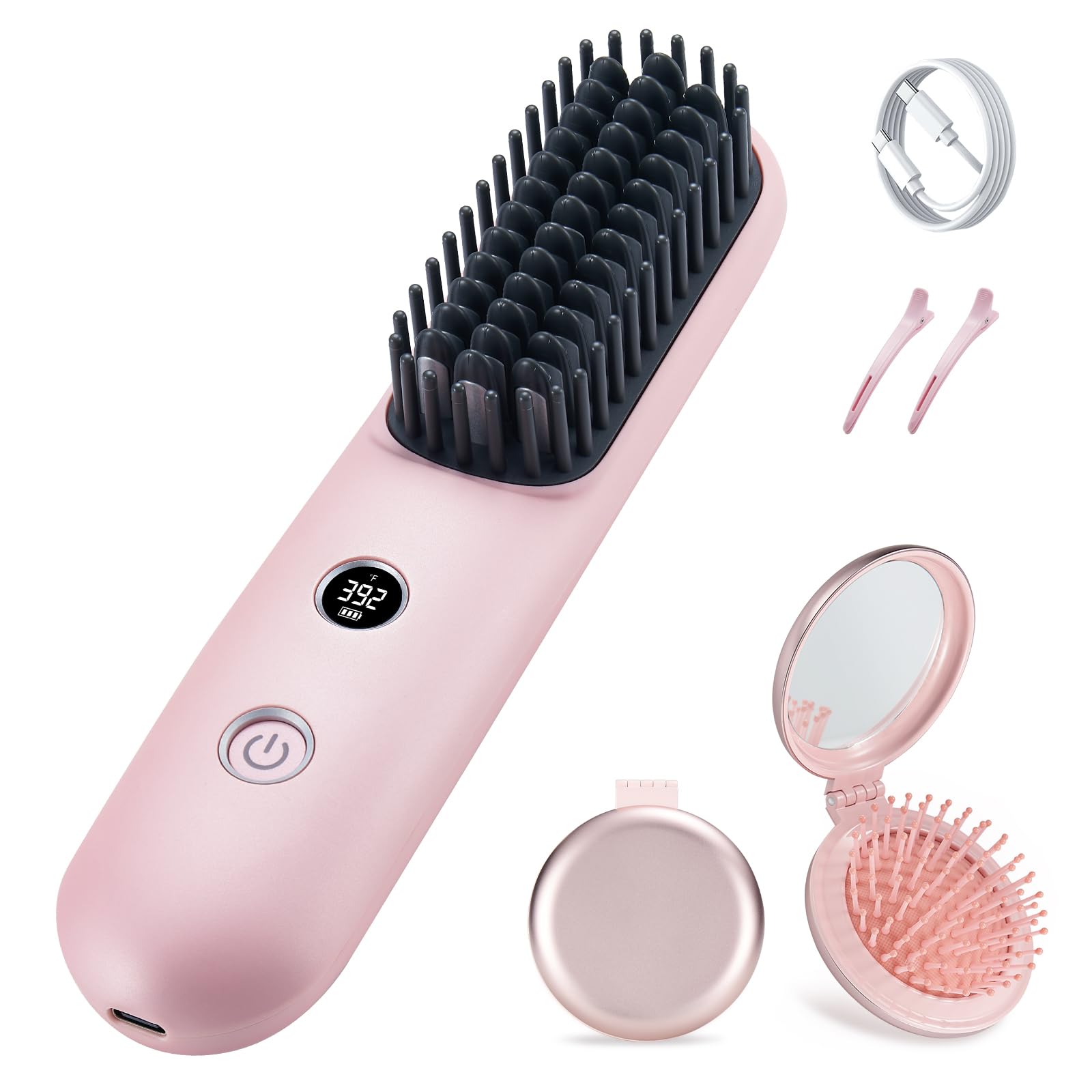 STUDLLY Mini Portable Travel Cordless Negative Ionic Hair Straightener Brush Hot Comb for Women Hair Iron Straightener Hair Straightener and Curler 2 in 1 Foldable Hair Mirror Brush Pink