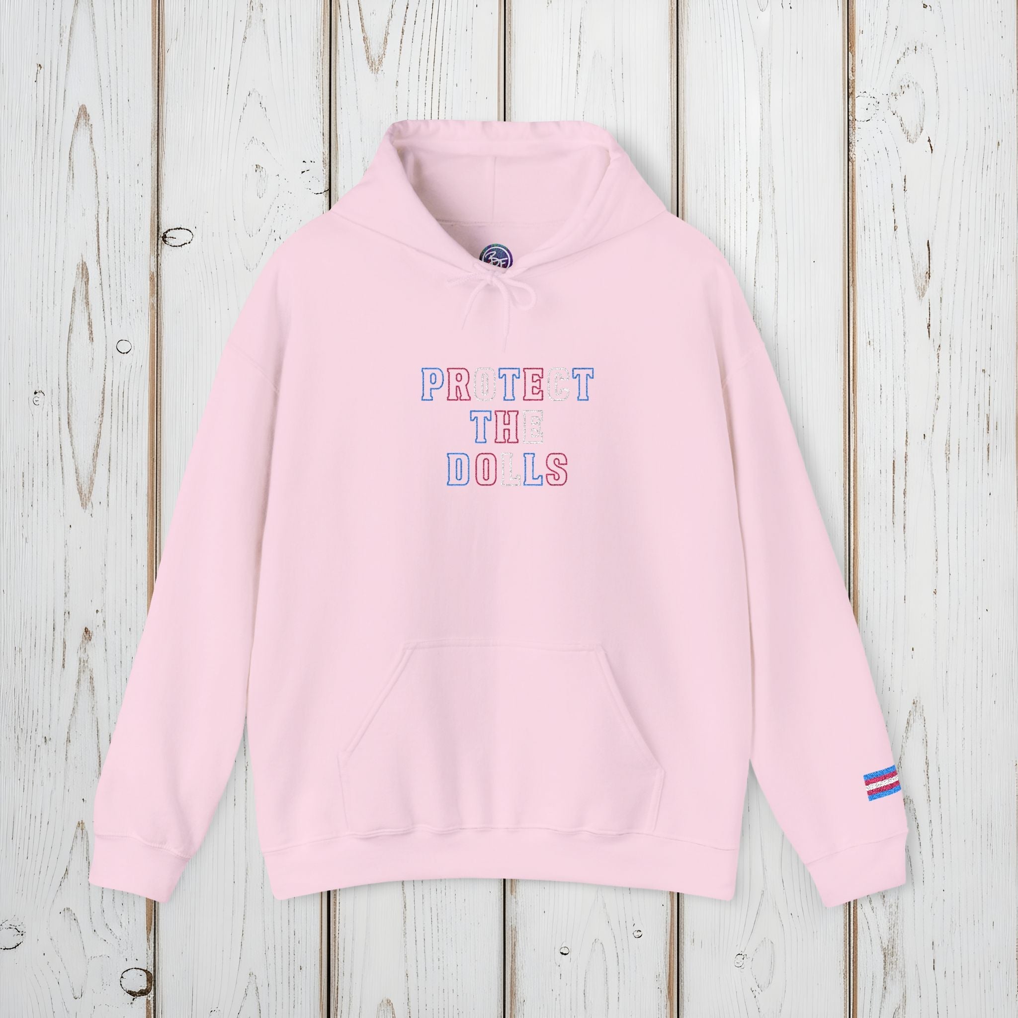 Bespattered Facade Protect the Dolls LGBTQ+ Pride Trans Support Embroidered Unisex Heavy Blend™ Hooded Sweatshirt
