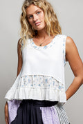 POL Floral Print Patche Round Neck Ribbed Tank with Double Gauze Ruffle Accents