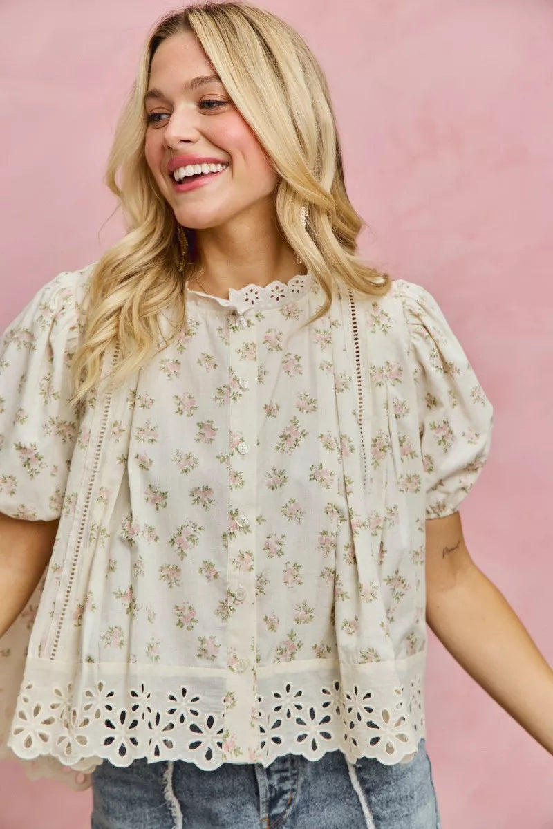 SO ME Floral Print Lace Trim Short Sleeves Blouse