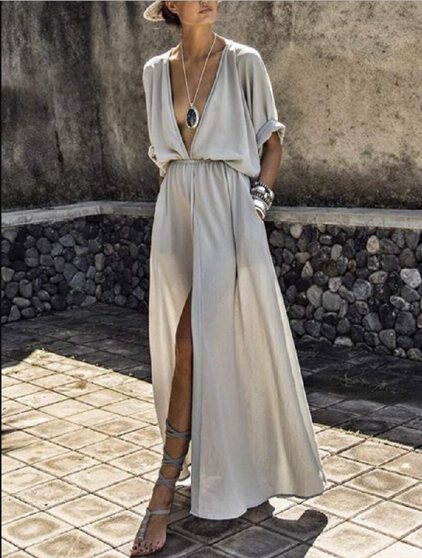 New Women's Deep V Neck Midi Dress with Slit