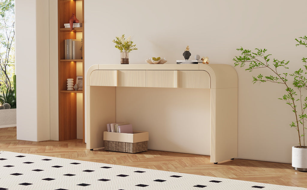TREXM Modern Console Table with 2 Storage Drawers, Fluted Entryway Table with Rounded Silhouette for Hallway Living Room and Entryway (Apricot Cream)