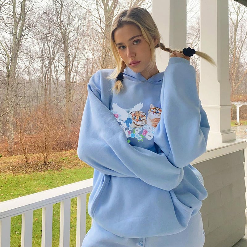 Cat Print Hooded Loose Pullover Casual Sweater for Women