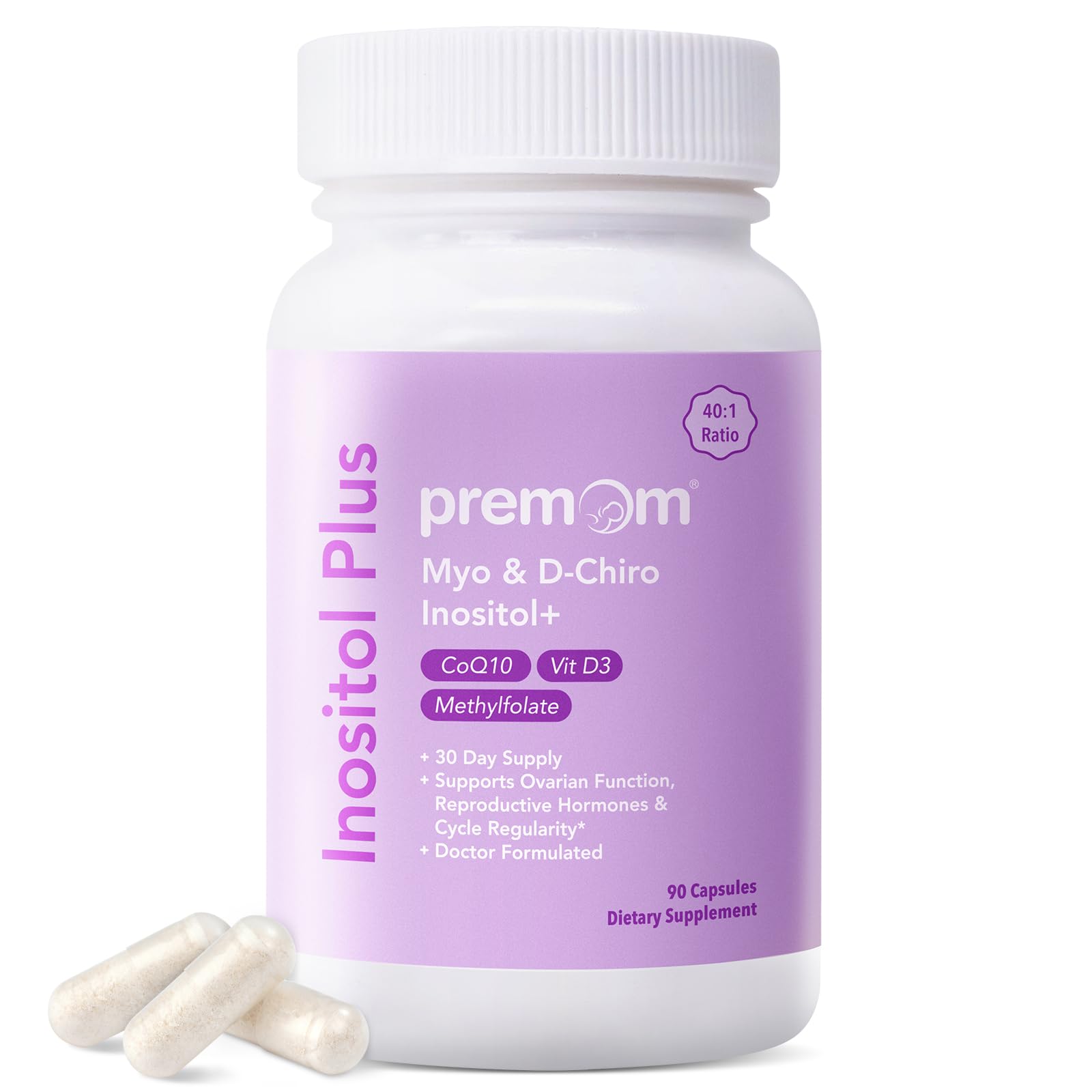 Premom Inositol Plus - 2000mg Myo-Inositol & 50mg D-Chiro Inositol CoQ10 Folate & Vitamin D3-40:1 Ratio - Supports Hormonal Balance Ovarian & Reproductive Health - 30 Day Supply