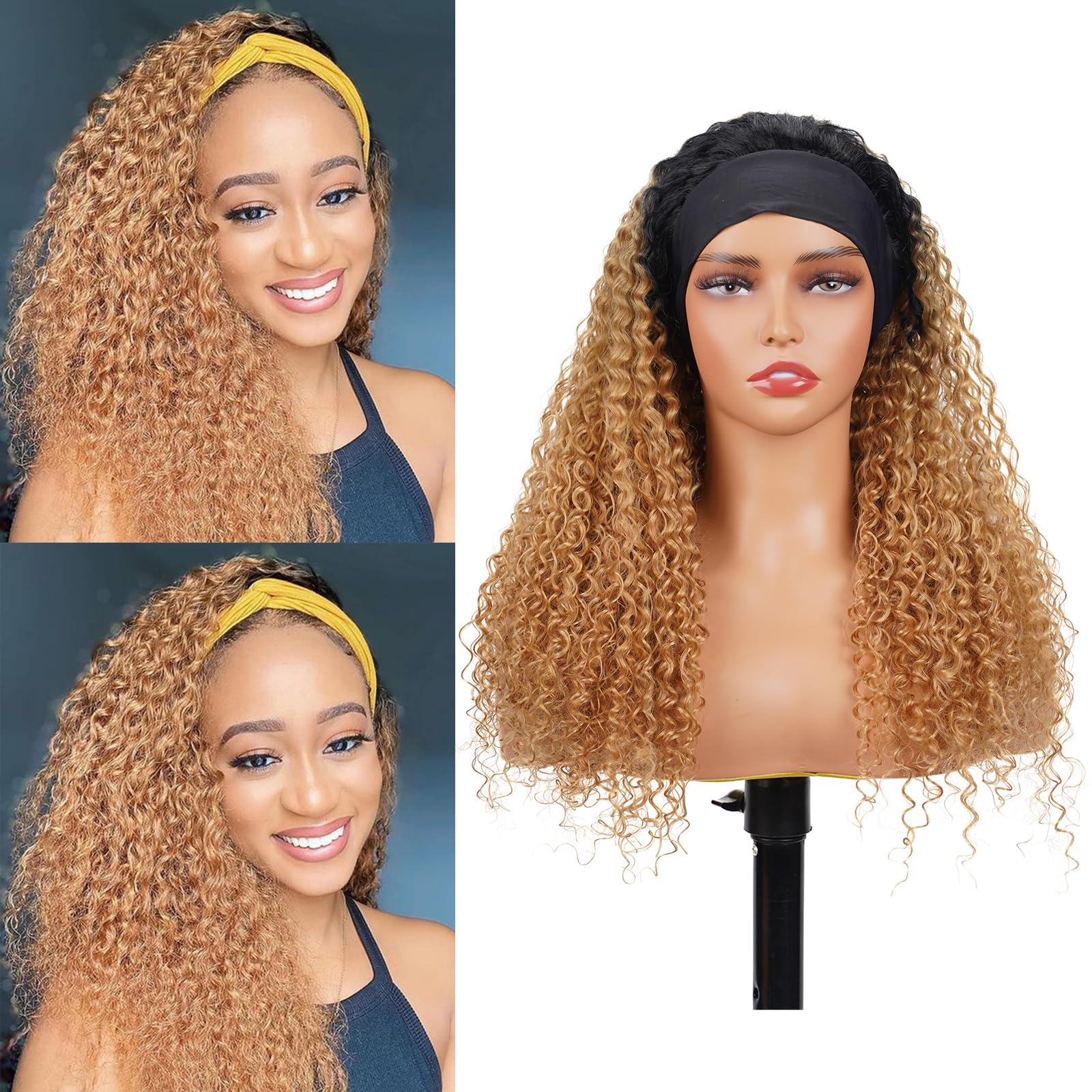 1B/27 Curly Headband Wig Human Hair 22 Inches Ombre Honey Blonde Human Hair Headband wig None Lace Front Wigs Human Hair Wig for Black Women Wear and Go Wig 150% Density wig（1B/27JC22Inch)