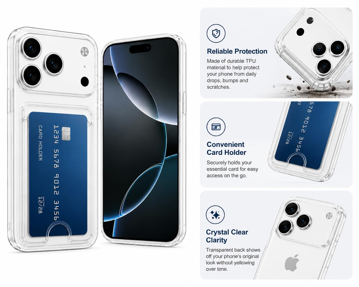 Clear Wallet Case for iPhone 17 Pro, Slim TPU Shockproof Cover with Card Holder, Crystal Clear