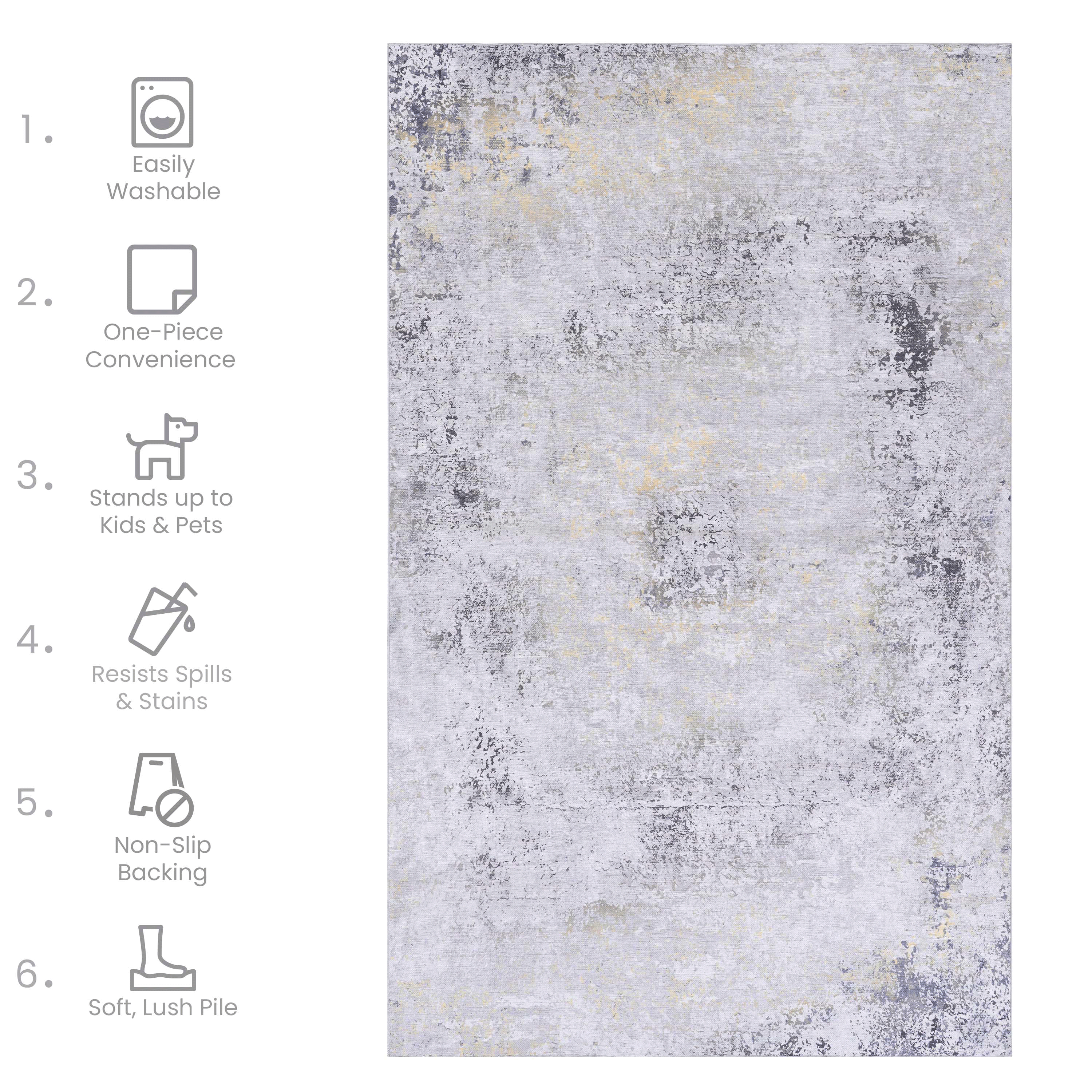 NAAR MAVAL Gold Washable Rug 5x8 Area Rug (Gray+Gold, 5' x 8')