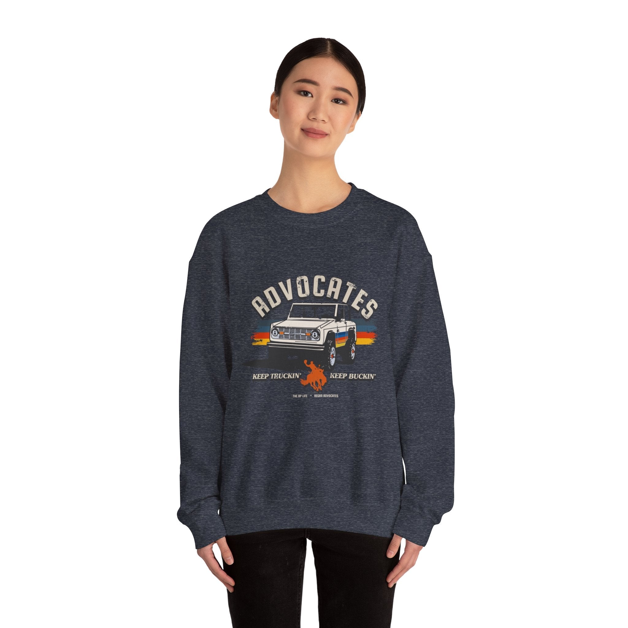 Advocates Keep Truckin', Keep Buckin' - Retro Bronco Truck - Unisex Heavy Blend™ Crewneck Sweatshirt
