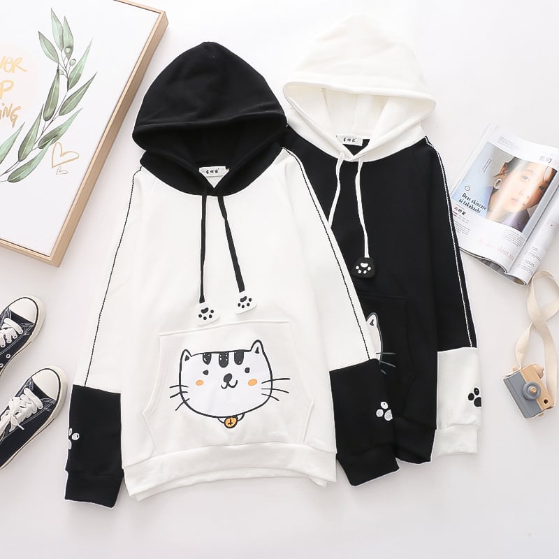 Color Matching Cat and Fish Print Long Sleeve Hoody