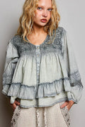 POL Washed Layered Lace Pintuck Flared Woven Blouse